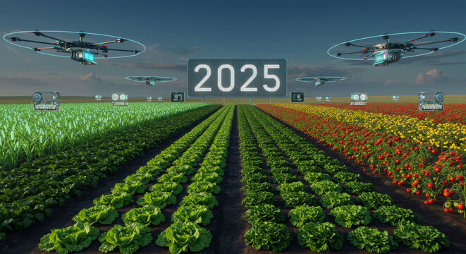 Drones monitor crops in fields displaying year twenty twenty five