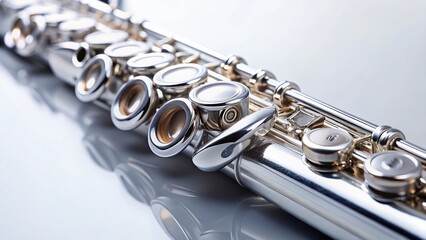 Fototapeta premium Silver Flute Detail: Close-up of a gleaming silver flute on a pristine white background, leaving ample copy space.