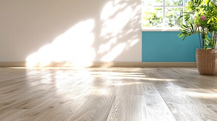 Fototapeta premium Bright Scandinavian Room Interior Design Sunlight Wood Floor Blue Wall