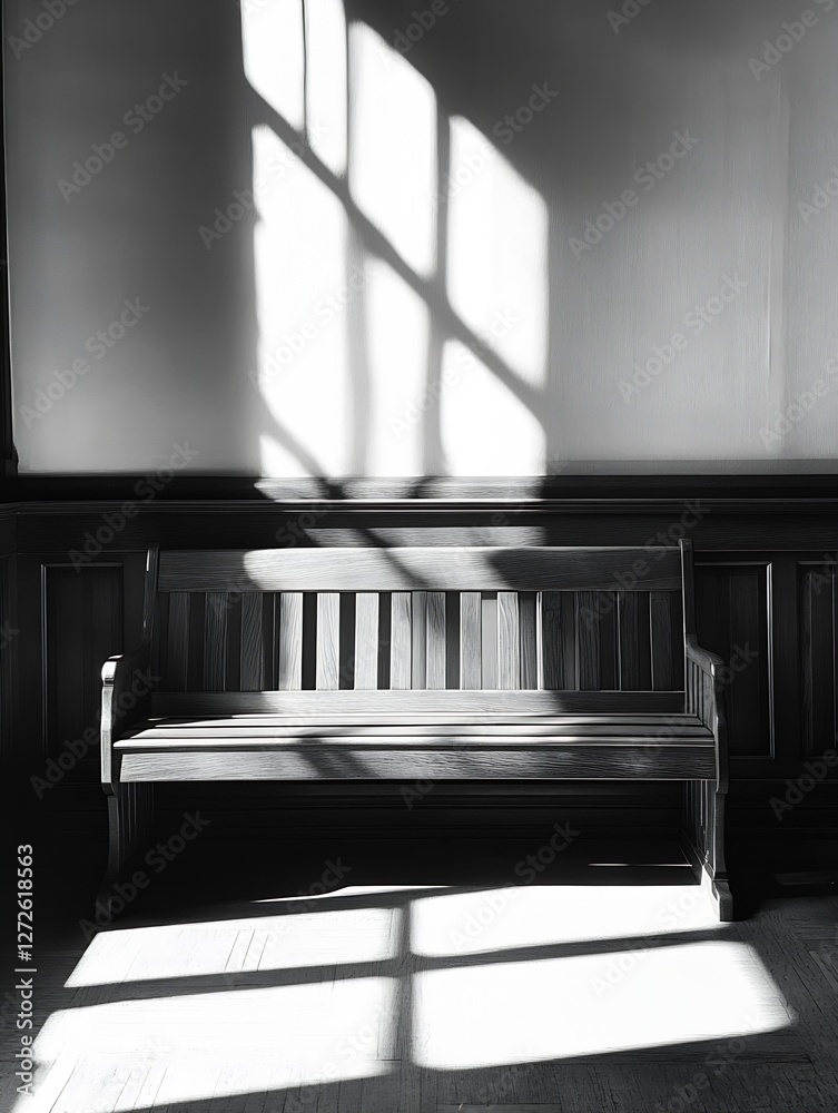 Leinwandbilder Elegant Wooden Bench Bathed in Soft Light with Shadow Patterns Creating a Minimalist Atmosphere for Relaxation : Generative AI