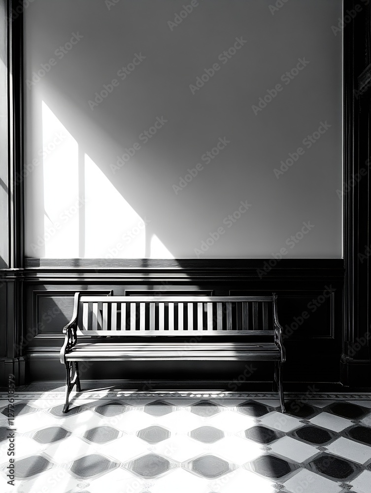 Poster stunning black and white image of an empty bench lit by sunlight in an elegant interior space : gene