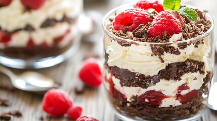 Decadent chocolate dessert layered with cream and raspberry for an indulgent treat : Generative AI