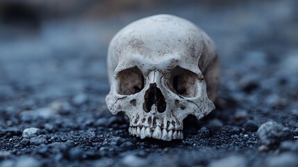 Close-up of ancient human skull resting on rocky ground illustrating themes of death and archaeology : Generative AI