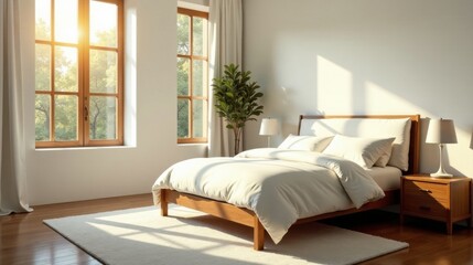Naklejka premium Serene Bedroom Sanctuary Sunlight Streaming Through Large Windows Illuminates a Modern Wooden Bed with Crisp White Linens, Creating a Peaceful and Tranquil Atmosphere
