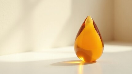 Amber teardrop shaped glass object on a white surface illuminated by soft sunlight.