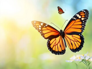 Fototapeta premium Two Monarch Butterflies Soar Through Spring Sunlight, Flowers in Soft Focus
