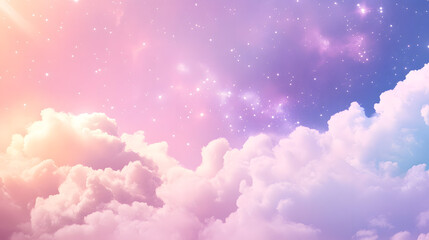 Soft pastel sky with fluffy clouds and sparkling stars
