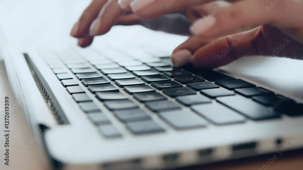Poster A person focuses on typing on a sleek laptop keyboard. The bright workspace features a minimalistic design, emphasizing productivity and creativity during daytime use.