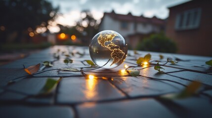 Illuminated Earth Globe  Night Lights  Autumn Leaves  Global Connection