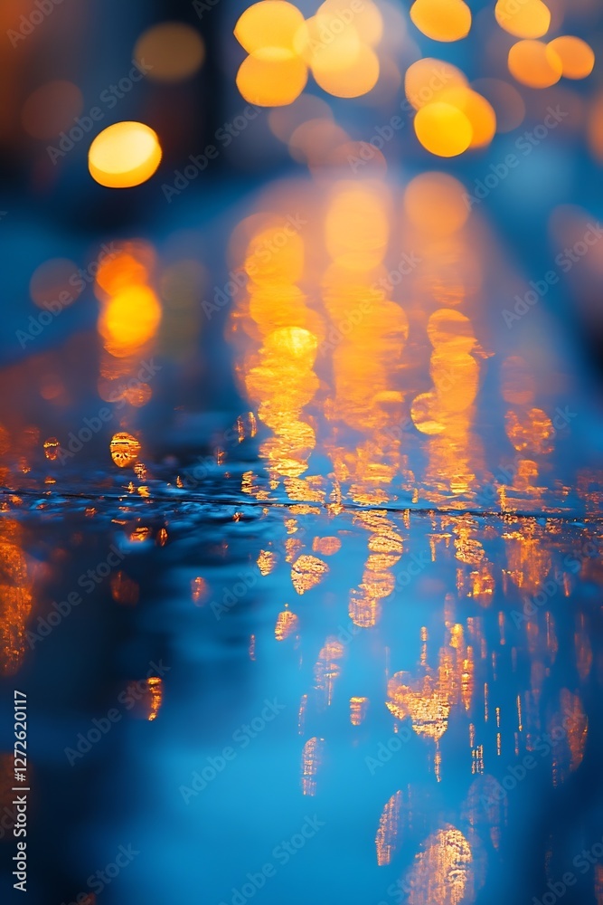 Aufkleber beautiful illuminated bokeh reflections on wet pavement after rain in vibrant colors : generative ai