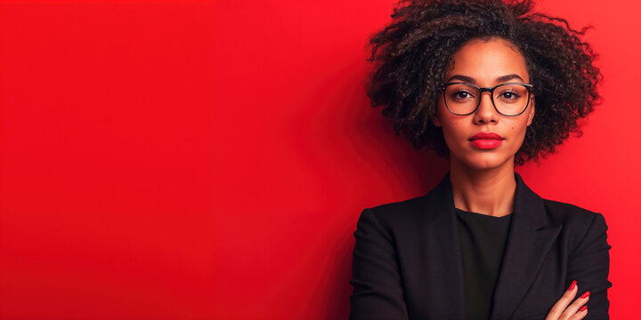 Jovem preta em fundo vermelho, com roupa social e &oacute;culos, posando com postura s&eacute;ria e empoderada. A imagem transmite confian&ccedil;a e determina&ccedil;&atilde;o