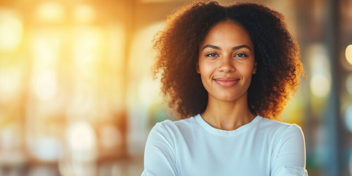 Jovem preta sorrindo levemente em banner com espa&ccedil;o para texto e sol vindo de tr&aacute;s, criando um efeito radiante e acolhedor