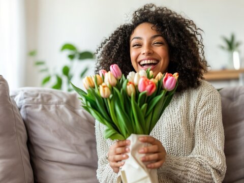 Dia das Mulheres: mulher sendo surpreendida por flores, cena de celebra&ccedil;&atilde;o, carinho e homenagem &agrave; data especial