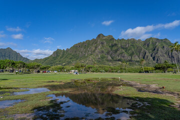 Kualoa Regional Park, Honolulu, Oahu, Hawaii. Windward Coast. Koʻolau Range / Koʻolau Volcano / Shield Volcano