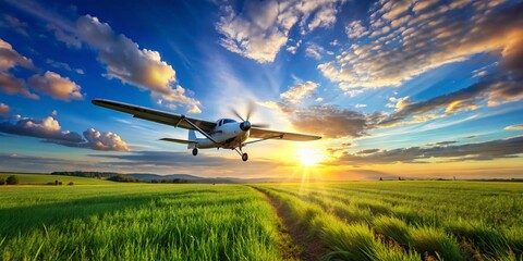 Naklejka premium Small Plane Taking Off from Grassy Field - Aerial View