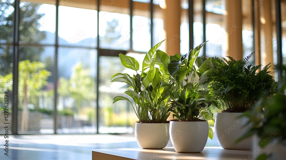Poster Indoor plants arranged in stylish pots creating a calming atmosphere in a modern commercial space : Generative AI