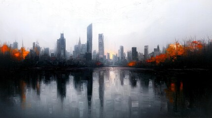 Fototapeta premium Urban Skyline Reflection Oil Painting Cityscape Modern Architecture Tranquil Water