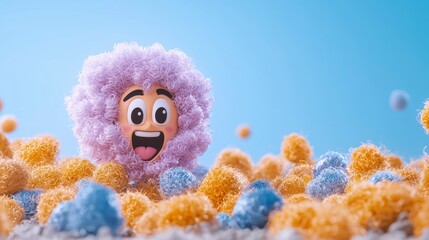 Fototapeta premium Happy Cartoon Character in Colorful Fluffy Landscape