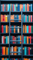 Vibrant bookshelf filled with colorful books and a wooden ladder for access