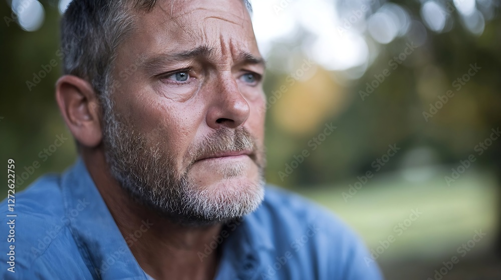 Aufkleber Thoughtful Mature Man Lost in Contemplation with a Soft Focus Background in Nature : Generative AI