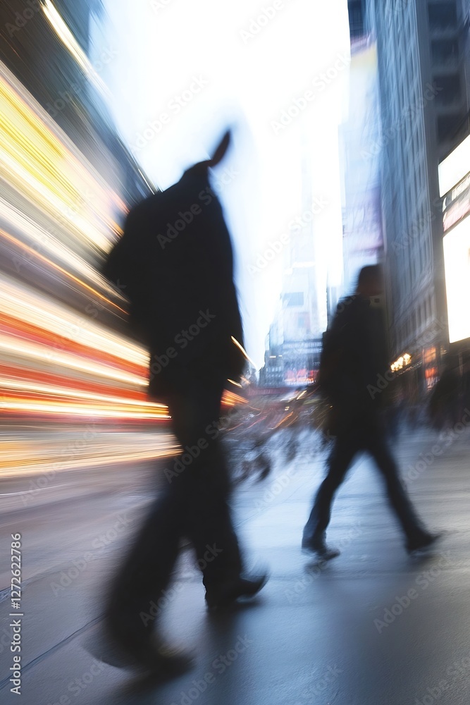 Poster motion blurred figures walking in a busy urban street with vibrant lights at dusk : generative ai