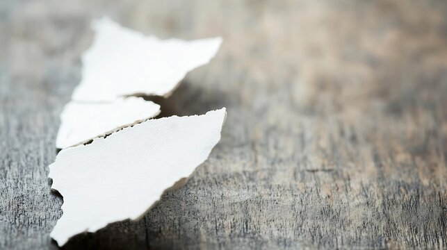 Abstract close-up of torn white paper against a rustic wooden background emphasizing texture and simplicity. : Generative AI