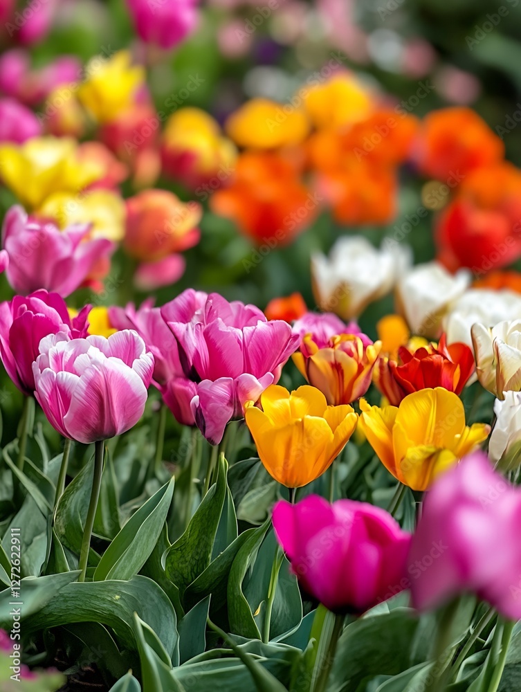 Poster vibrant garden filled with colorful tulips in various bright shades creating a stunning floral displ