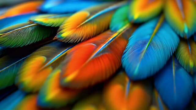 Close-up of vibrant parrot feathers showcasing a spectrum of colors and textures.  A stunning display of nature's artistry.