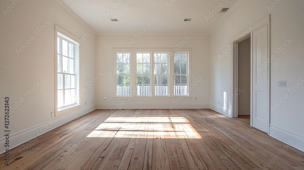 Poster bright and airy empty room featuring large windows and warm hardwood floors bathed in sunlight : gen