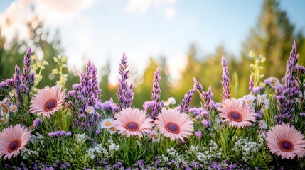 Obraz premium Stunning Sunset Bloom Pink Gerbera Daisies Lavender Field