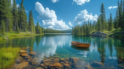 Obraz premium Wooden rowboat on calm lake, forested shores, sunny sky