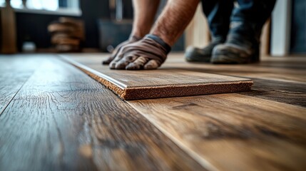 Worker installing wood flooring in new home
