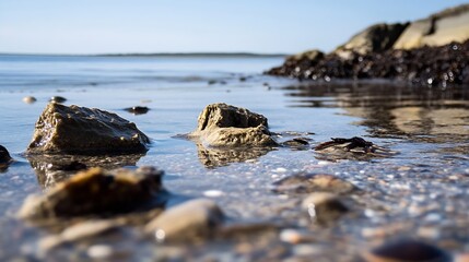 Fototapeta premium Tranquil Seascape Featuring Rocks on a Shoreline Beneath a Clear Sky : Generative AI