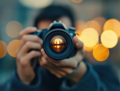 A photographer captures a cityscape through the lens of a camera, with the urban skyline beautifully reflected in the glass.