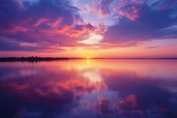 Obraz premium A vibrant sunset over a calm lake, with bold oranges, pinks, and purples blending together in the sky and reflecting on the water