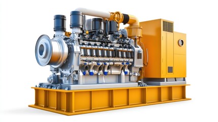 Powerful industrial generator with a yellow frame and powerful engine isolated on white background.