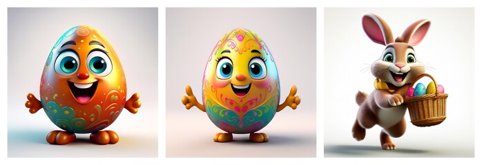 Fototapeta premium Cute Easter illustration featuring decorated eggs with faces and a bunny carrying a basket full of colorful eggs, all set against a bright background.
