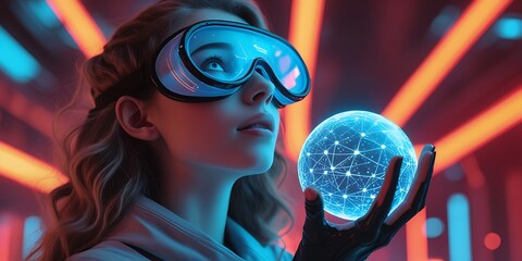 Futuristic young woman in cyberpunk goggles holding a glowing holographic sphere, sci-fi digital concept, artificial intelligence, future technology, virtual reality, innovation

