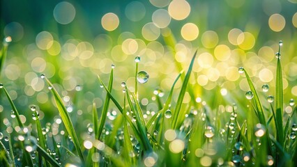 Obraz premium Sparkling Dew Drops on Grass: Abstract Nature Background with Soft Sunlight and Bokeh