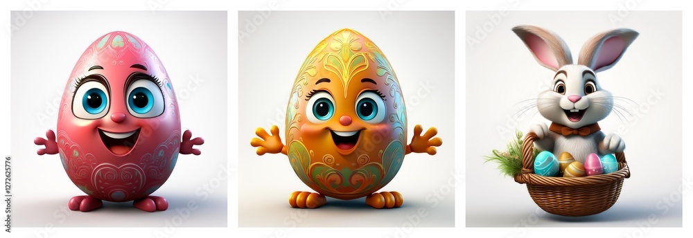 Poster Three Easter themed images feature cheerful decorated eggs and a bunny with a basket of colorful eggs against a plain backdrop.
