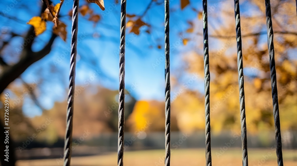 Aufkleber rustic fence with twisted wires framed by autumn leaves under blue sky : generative ai