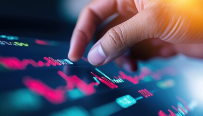 Fototapeta premium successful investor growth capital concept. A close-up of a hand interacting with a digital stock market display, featuring colorful data visuals and trends.