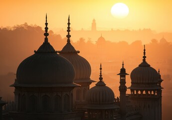 Indian Domes Silhouetted at Sunrise, Historic Cityscape
