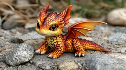 Fototapeta premium Adorable Baby Dragon Figurine Fantasy Creature Mythical Beast Orange Scales Winged Rep