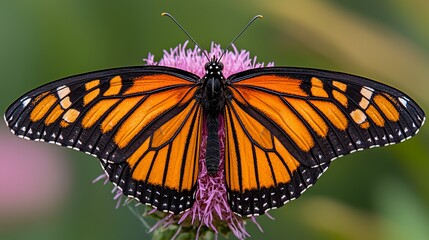 Fototapeta premium Vibrant Monarch Butterfly Perched on a Pink Flower in a Lush Green Garden