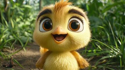 Fototapeta premium Adorable Fluffy Chickling in Green Grass Happy Baby Bird