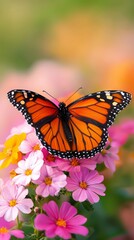 Fototapeta premium Vibrant Monarch Butterfly Perched on Colorful Flowers in a Lush Garden