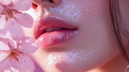 Fototapeta premium A close-up of an Asian model’s lips as she applies a pink-tinted floral lip balm, cherry blossoms softly blurred in the background, natural dewy skin, warm pastel hues, high-fashion beauty editorial,