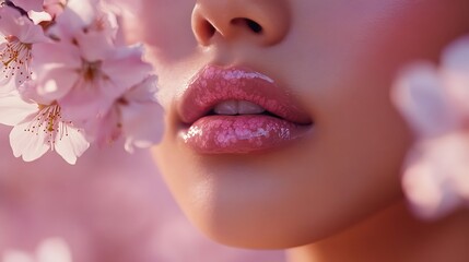 Fototapeta premium A close-up of an Asian model’s lips as she applies a pink-tinted floral lip balm, cherry blossoms softly blurred in the background, natural dewy skin, warm pastel hues, high-fashion beauty editorial,