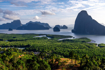 High angle nature background from a beautiful viewpoint of the mountain in the middle of the sea in...